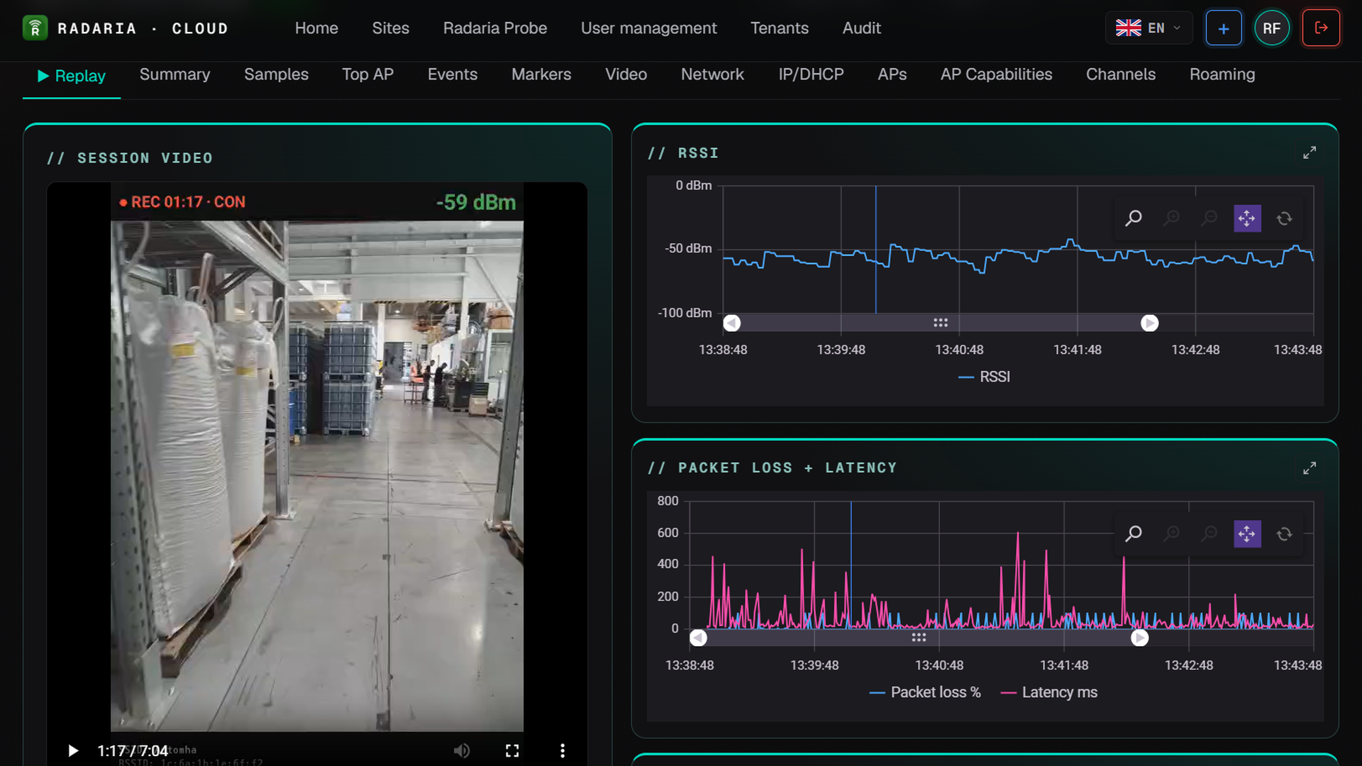 Radaria Cloud — Live session replay with synchronized video and metrics